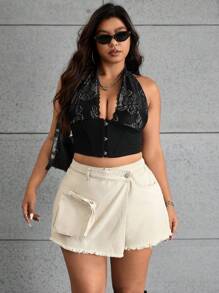 SHEIN ICON Quần short denim chữ A rộng rãi bất đối xứng cạp cao - Màu be - Xem 6