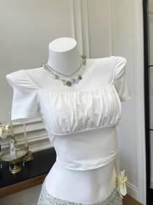 SHEIN EZwear Spring Break Square Neck Ruched Bust White Crop Tee