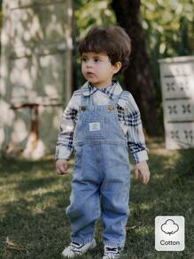 SHEIN Vintaside Kids 2 件装男婴长袖贴布衬衫，带纽扣和纯色字母印花工装裤，舒适温暖的套装，适合秋季、春季和冬季。 - 藍色 - 查看 1