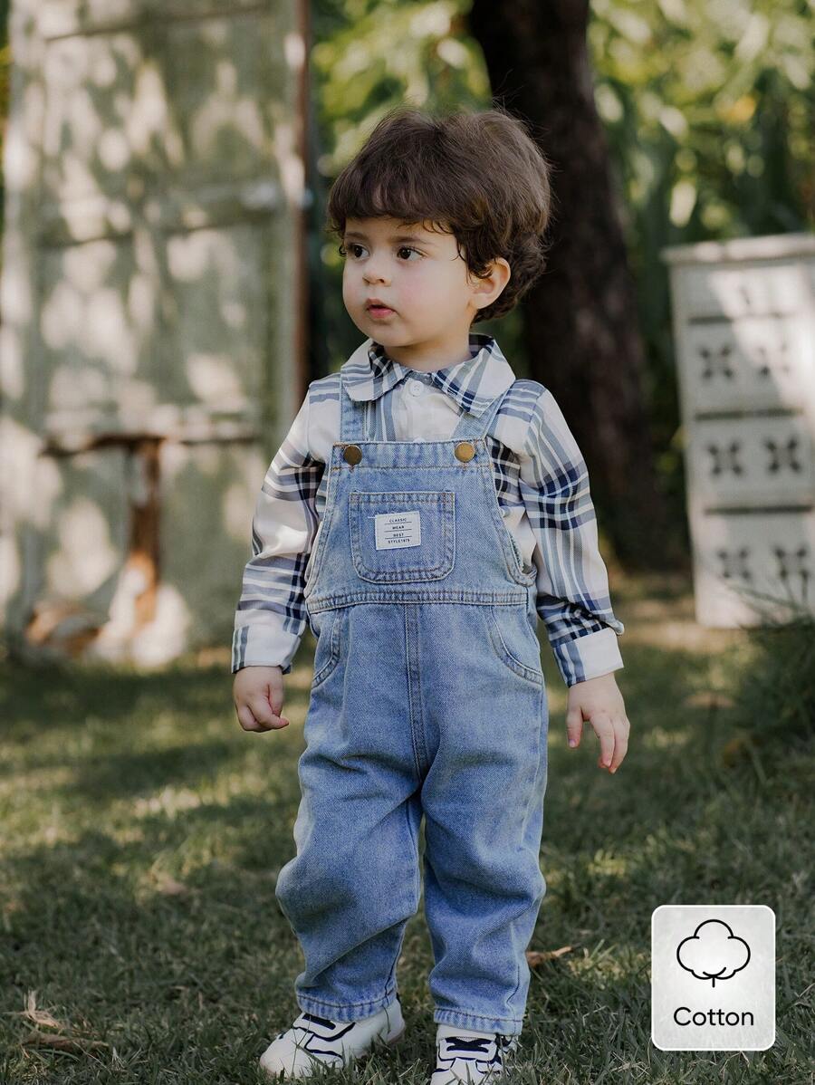 SHEIN Vintaside Kids 2 件装男婴长袖贴布衬衫，带纽扣和纯色字母印花工装裤，舒适温暖的套装，适合秋季、春季和冬季。 - 藍色 - 查看 1