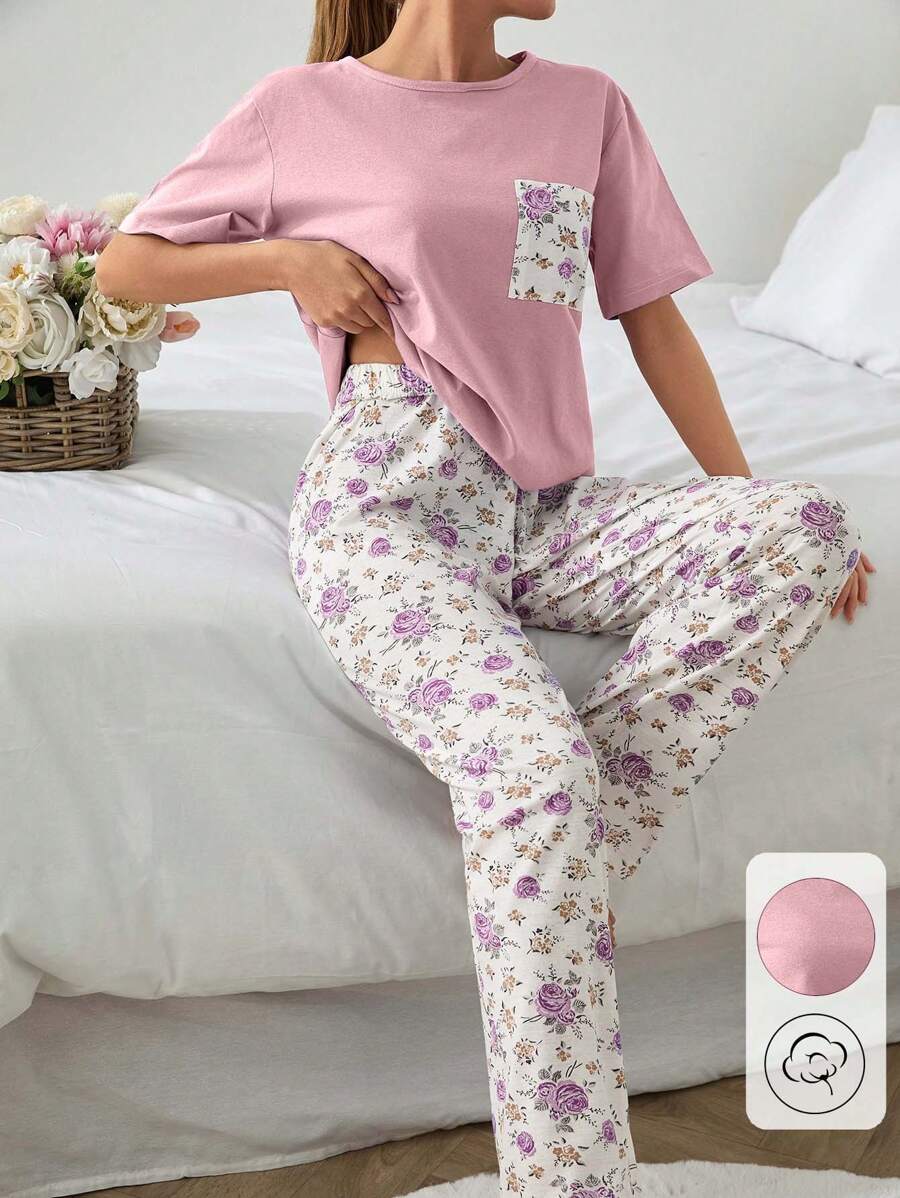 EURMUSE 女士两件套纯色带口袋短袖衬衫和花卉图案睡裤睡衣套装 - 粉色 - 查看 1