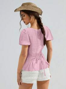 Athîral 女士纯色短袖衬衫，夏季时尚 - 粉色 - 查看 2