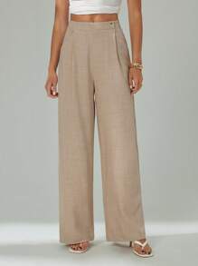 SHEIN Tall 女士纯色褶皱口袋阔腿宽松休闲裤，宽松裤型，纹理面料，纽扣装饰，松紧腰带，适合日常穿着，春夏季 - 杏色 - 查看 3