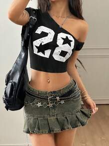 Coolane Áo thun Jersey cổ bẻ màu đen bất đối xứng thoải mái cho nữ mùa hè, họa tiết đồ họa ngày thi đấu, họa tiết số, thể thao Y2K - màu đen - Xem 2