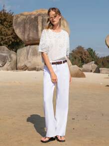 Lumivelle 女士休闲中腰直筒牛仔裤，带口袋，百搭 - 白色 - 查看 4