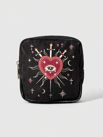 Goth 1 Pc Women's Corduroy Tear Drop, Heart, Eye And Sword Pattern Cosmetic Bag, Suitable For Storing Sanitary Napkins, Ideal For Travel And Vacation