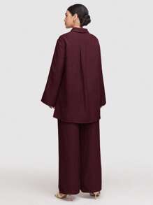 Veilorie 2pcs Women's Solid Color Front Button Up Long Sleeve Casual Top And Long Pants Set Modest - Burgundy - View 7