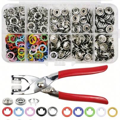 100 Pcs/Set Snaps Fasteners Kit 9.5mm 10 Colors Semi-Colored Metal Prong Ring Button Small Boxed Hollow Metal Prong Snaps Buttons With Fastener Pliers Press Tool For Sewing