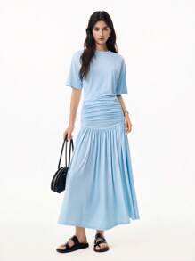 LYSMO Women's Solid Color Round Neck Drop Shoulder Ruched Hem Ruffled Casual Dress - Baby Blue - View 6