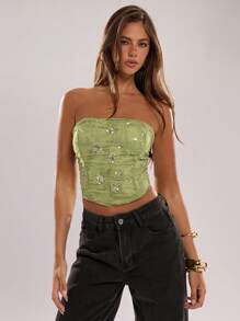 SHEIN BAE Top tubo sin mangas con lentejuelas florales brillantes para mujer, adecuado para club, fiesta, graduación, top con lentejuelas, top para salir, tops de verano, top lindo