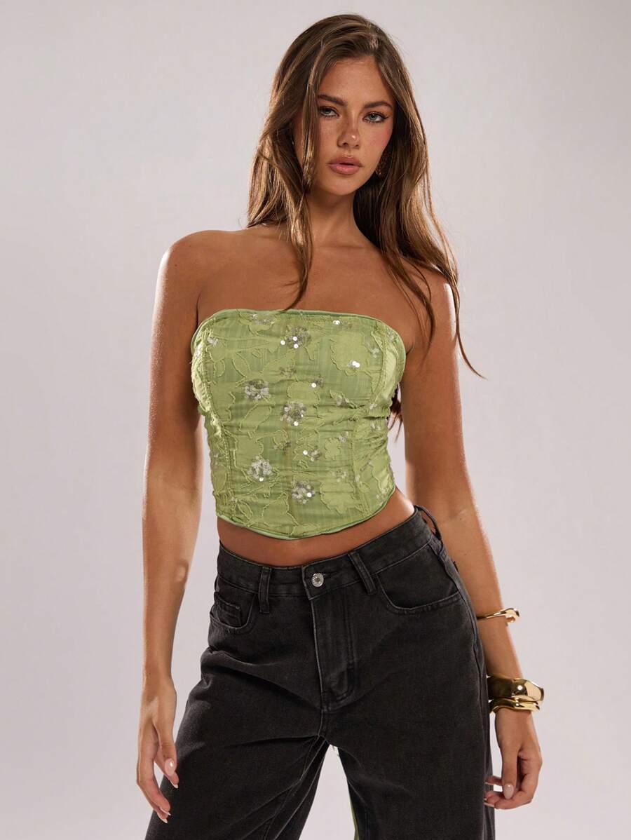SHEIN BAE Top tubo sin mangas con lentejuelas florales brillantes para mujer, adecuado para club, fiesta, graduación, top con lentejuelas, top para salir, tops de verano, top lindo