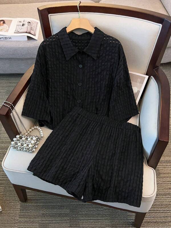 Regalyn Plus Size Women Minimalist Jacket And Loose Shorts Set, Elegant Casual Commute Office Outfit For Summer