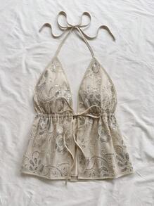 Soleia 女士度假浪漫串珠刺绣 V 领系带无袖上衣，节日派对/约会之夜/下午茶上衣，适合派对、约会、婚礼季、海滩、游轮、音乐节、波西米亚风度假