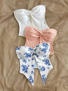 Soleia 女士假期：1 套蓝色花卉印花和纯色抹胸上衣 - 彩色 - 查看 8