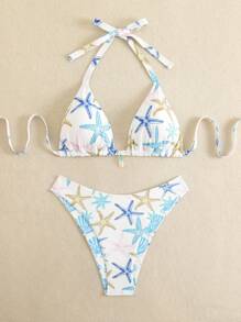 Swim Mod Plus Size Women Summer Starfish Printed Halter Bikini Set With Shell Decor Tankini Swimsuits