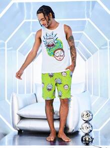 Rick and Morty X SHEIN 2 pezzi/set pigiama estivo da uomo con maglietta bianca e pantaloncini con stampa a pixel cartoonistica - Bianco - Visualizzare 5