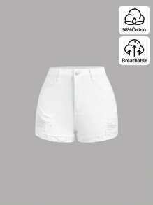 SHEIN 青少年女孩休閒中腰不對稱破洞牛仔短褲 - 中等水洗藍 - 查看 1