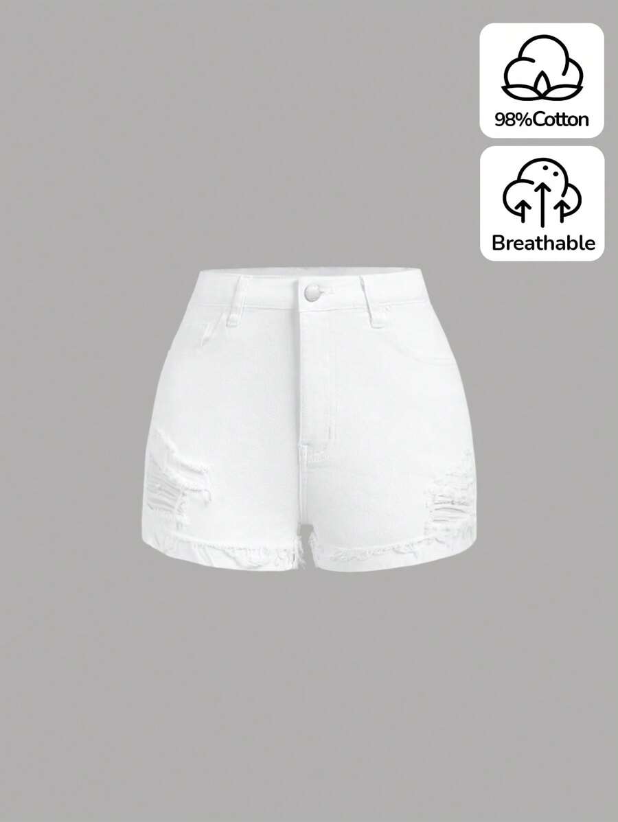 SHEIN 青少年女孩休閒中腰不對稱破洞牛仔短褲 - 中等水洗藍 - 查看 1