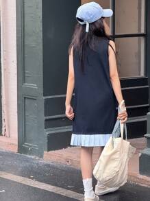 Dazy Kids 女童无袖 T 恤连衣裙，撞色下摆拼接，女童夏季服装，返校服装 - 藍色 - 查看 6