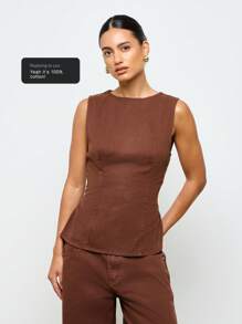 AiiRZ Denim Round Neck Cinched Waist Back Tie Regular Hem Casual Summer Top - Coffee Brown - View 7