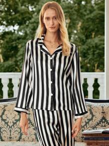 SHEIN EverLounge Conjunto de pijama de pantalón y blusa de manga larga a rayas de una hilera de botones para mujer, para vacaciones
