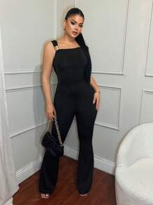 SHEIN SXY 不对称领口纯色优雅短袖连体衣，夏季黑色连体裤，婚礼宾客女士，外出上衣，商务休闲女士，教师装，工作女士服装 - 黑色 - 查看 5