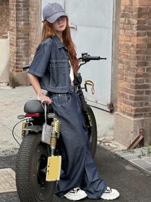 Dazy Kids Teenagers Girls Loose Denim Short Sleeve Jacket And Straight Jeans Outfit, Fall Clothing