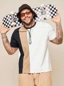 EASEVO 大码男士休闲拼色针织圆领短袖T恤，适合夏季