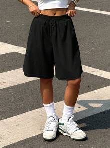 SHEIN Damen einfarbige Bermuda Shorts mit Kordelzug Taille und weitem Bein für Sport und Lässig