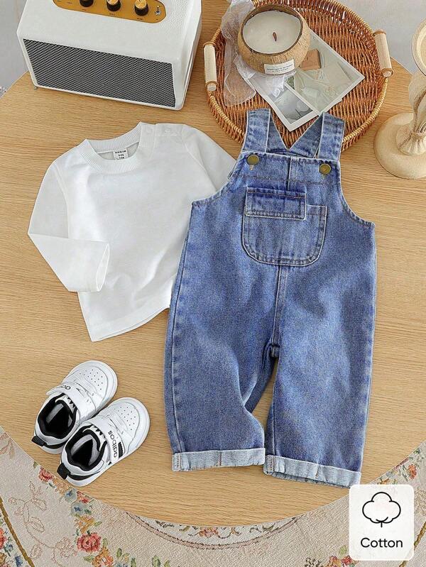 SHEIN Vintaside Kids Camiseta Sólida e Macacão Jardineira com Barra Dobrada em Denim para Bebê Menino, para Primavera e Verão