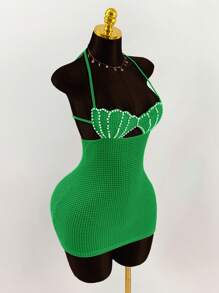Amplova Pearl Shell Decor Backless Halter Neck Bandage Bodycon Tight Mini Dress - Green - View 3