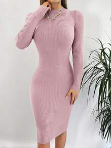 EURMUSE Jednolity Kolor Dopasowana Elegancka Sukienka Sweterowa Z Długim Rękawem