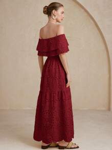 Embroidered Hollow-Out Ruffled Off Shoulder Slim Waist Women Long Dress For Vacation - Rust Brown - View 2