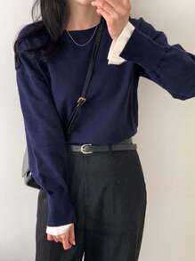 DAZY Suéter de cuello redondo de manga larga 2 en 1 para mujer, ropa de otoño - Azul - Ver 4