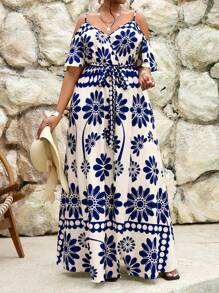 SHEIN Lady Váy hai dây dài tay ngắn cỡ lớn thanh lịch cho công sở đi làm thường ngày phong cách boho thường ngày đi chơi nhiều màu sắc dệt kim dáng xòe bồng bềnh có thắt lưng - Màu xanh lam - Xem 4