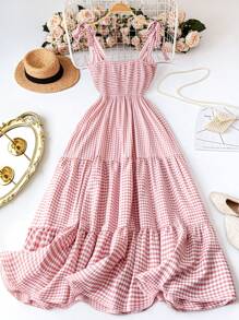 DreamSkyne Rochie elegantă în carouri, cu bretele spaghete, talie strânsă, ținută de vară, mărime plus