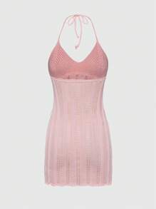ROMWE Vestido de punto con espalda de tirantes y diseño calado sexy informal para mujer - Rosa Pálido - Ver 2