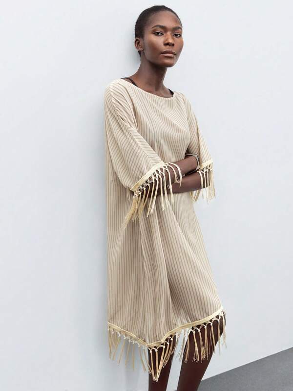 Maija Women's Solid Color Short Sleeve Tassel Smock, Fashionable For Summer