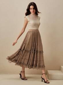 Anewsta Váy nửa thân ren Jacquard lưới bướm lễ hội âm nhạc xuân hè cho nữ Váy nửa thân xòe rộng - màu nâu - Xem 7