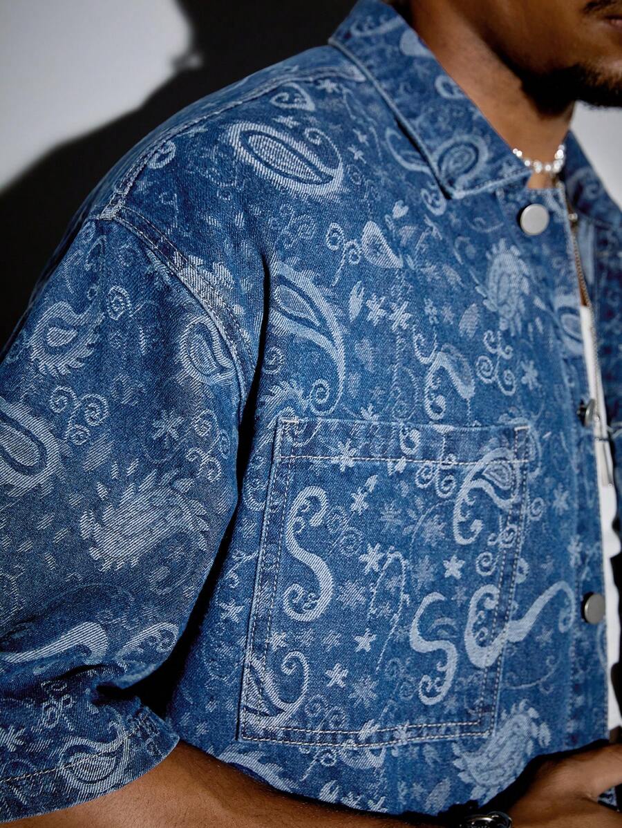 ROMWE MEN Street Life Teen Boy Casual Cashew Print Lapel Single-Breasted Denim Jacket, Versatile For Daily Wear - Blue - View 1