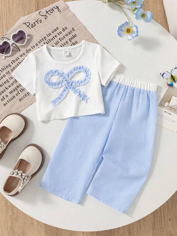 SHEIN Set de 2 piezas de ropa informal para bebé niña/recién nacido (0-3 años) que incluye camiseta a rayas con lazo + pantalones a rayas, ropa de estar en casa y de exteriores, color azul Moorandi, para primavera/verano