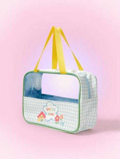 Kawaii Bolsa de almacenamiento con diseño lindo de cuadros de color azul claro