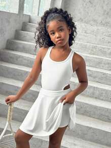 SHEIN Rochie sport tricotată albă cu spate deschis și pantaloni scurți pentru fete preadolescente, casual, sport, zilnic, versatil, modă