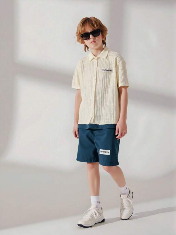 SHEIN Explorewe 2pcs Tween Boy Summer Casual Letter Taped Shirt And Shorts Set