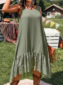 EMERY ROSE Plus Size Sleeveless Army Green Contrast Lace Asymmetrical Midi Flowy Dress,Dual Side Pockets,Casual Boho Summer Vacation Sage Green Dresses For Women - Army Green - View 4