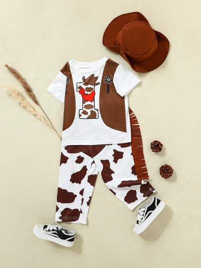 SHEIN 嬰兒男童夏季街頭風格卡通印花短袖上衣和流蘇裝飾褲子套裝