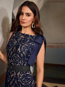 ZEYLAH Sleeveless Off Shoulder Bowknot Fishtail Lace Maxi Elegant Dress - Navy Blue - View 2