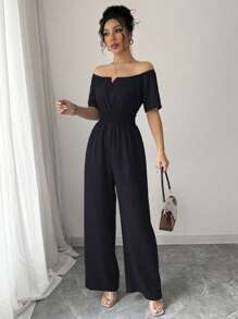 Elenzga 女式夏季新款露肩V领收腰黑色连体裤