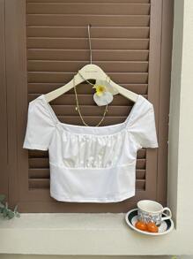 SHEIN EZwear Spring Break Square Neck Ruched Bust White Crop Tee