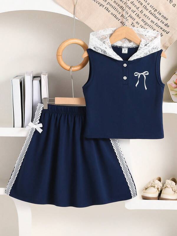 2pcs/Set Girls' Casual Outfit Includes Hooded Half-Zip Vest & Skirt With Flower Trim Decor, Summer